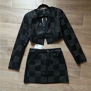Black Faux Leather Checkered Studded Set NWT